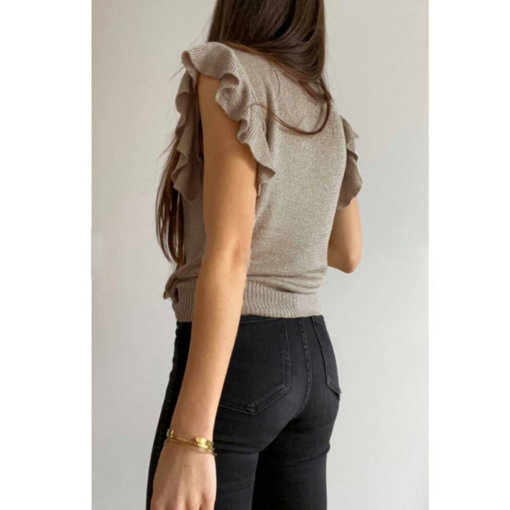 Khaki knit ruffle sleeve top - Picture 4 of 11